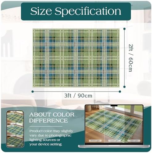 Front Door Mat Outside Entrance, 2x3 Green Teal Tartan Plaid Rug - Image 2