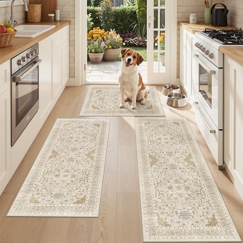 Madane Washable Kitchen Rug Set of 3 Small Area Rugs Non-Slip, Beige/Blue by Madane