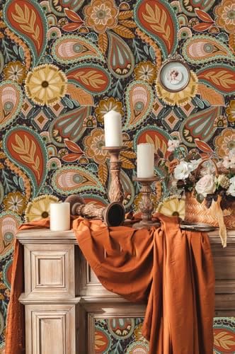 HAOKHOME Boho Peel and Stick Wallpaper Floral Paisley Brown/Yellow/Terracotta Renter Friendly Removable Wall Paper for Bedroom Decor 17.3in x 9.8ft - Image 5