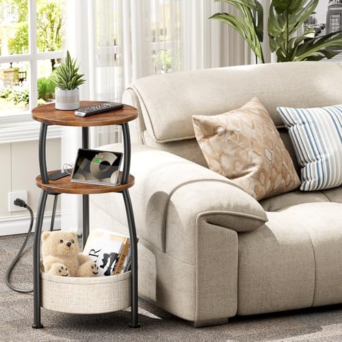 Side Table with Charging Station, Small Round End Table with Basket - Image 2