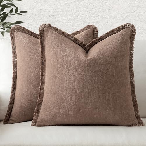 MIULEE Linen Fringe Decorative Fall Throw Pillow Covers Dark Coffee 18x18 by MIULEE