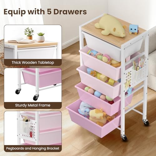 Rolling Cart with 5 Drawers, Plastic Drawer Storage Carts with Wheels & Wooden Tabletop, Metal Utility Cart with Pegboards, Office Living Room Classroom Craft Organization and Storage, Bright Pink - Image 5