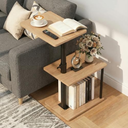 Faesun 360° Swivel Side Table for Height Adjustable, C Shaped End Table for Couch with Storage, 3-Tier Night Stand with Open Shelf, Tv Tray for Small Spaces, Living Room, Bedroom, Oak by Faesun