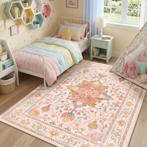 RELEANY Washable Area Rug, 5'x7', Pink/Light Pink/Colorful - Image 2