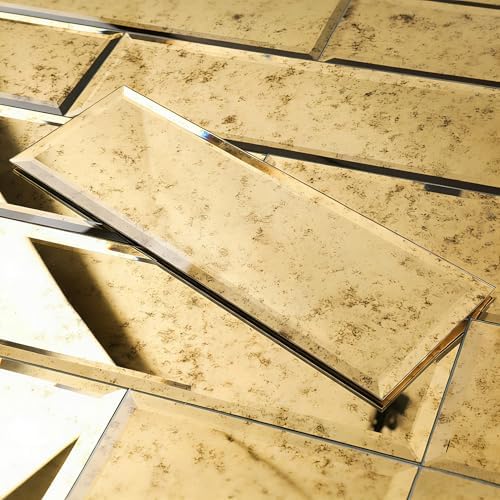 Diflart Peel and Stick Beveled Mirror Tile, Light Antique with Gold, 4x12 Inch, Mirror Backsplash for Kitchen Bar Bathroom Wall Tile (5 Sq.ft, 15 Pcs) by Diflart