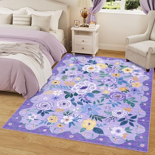 DUKINO 5x7 Area Rugs, Floral Washable Rug for Living Room Non Slip, Purple - Image 3