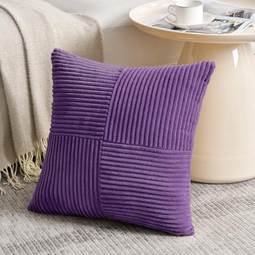 Fancy Homi 2 Packs Purple Decorative Throw Pillow Covers 20x20 Inch for Living Room Couch Bed, Farmhouse Boho Home Decor, Soft Corss Corduroy Patchwork Accent Square Cushion Case 50x50 cm - Image 2