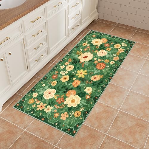 DUKINO 2x4 Entryway Rug, Floral Washable Kitchen Rugs Non Slip, Dark Green - Image 4