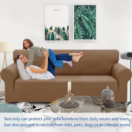 ZNSAYOTX 1 Piece Jacquard Couch Covers for 2 Cushion Couch High Stretch Loveseat Slipcover for Pets Dogs Anti Slip Love Seat Sofa Slipcover Furniture Protector (Medium,New Pattern Light Coffee) - Image 2