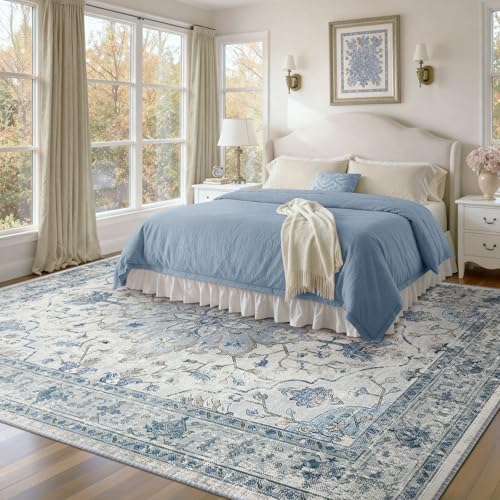 RELEANY Washable Area Rug, Large 10'x14', Blue/White/Gray - Image 3