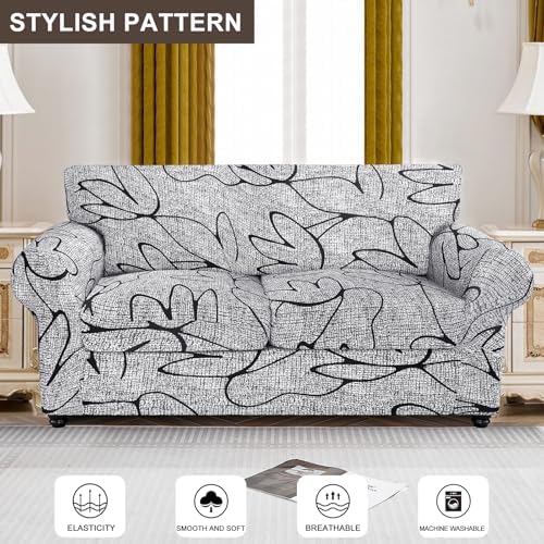 SearchI Stretch Sofa Cover Printed Couch Cover, Floral Pattern 3 Pieces Loveseat Slipcover with 2 Separate Cushion Cover, Washable Furniture Protector for Living Room(Loveseat, Grey Lotus+White) - Image 2