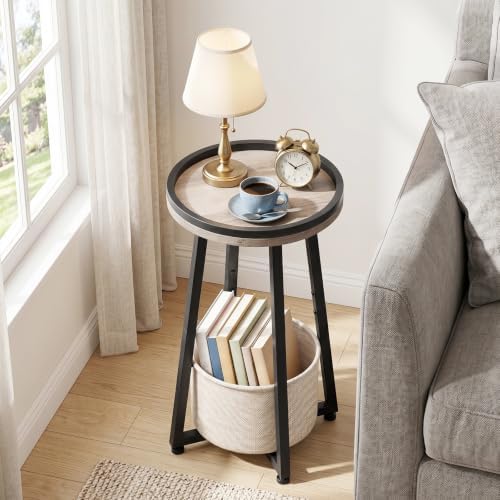 HOOBRO Small Round Side Table, 2-Tier Round Sofa End Table, Compact Nightstand with Cotton Linen Storage Basket, for Small Space, Living Room, Bedroom, Dorm, Greige BG183BZ01 - Image 5