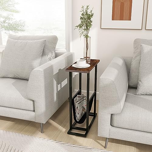 FLYJOE Narrow Side Table with PU Leather Magazine Holder Rustic Slim Little Thin Table for Living Room, Bedroom, Sofa, Rustic Brown - Image 2