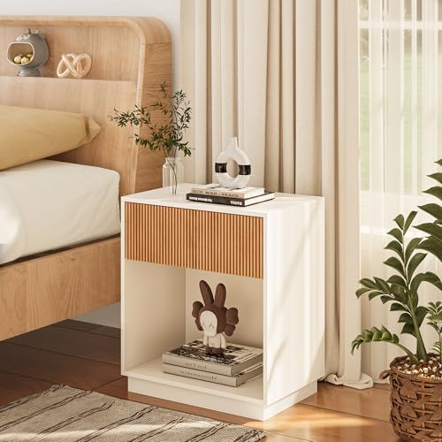 Fluted Nightstands Set of 2, Modern Bedside Table with Drawer and Storage Shelf, Wood End Table Mid Century Night Stands for Bedroom Living Room Sofa Couch Office (White+Oak) - Image 3