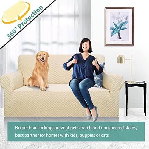 YEMYHOM Couch Cover Latest Jacquard Design High Stretch Sofa Covers for 2 Cushion Couch, Pet Dog Cat Proof Loveseat Slipcover Non Slip Magic Elastic Furniture Protector (Medium, Beige) - Image 2