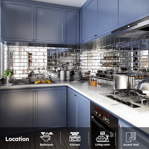Diflart Peel and Stick Mirror Backsplash, Silver, 4x8 Inch, Beveled Mirror Subway Kitchen Bar Wall Tile (5.8 Sq.ft, 26 Pcs) - Image 2
