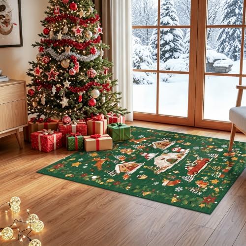 Christmas 2x3 Entryway Area Rug - Non Slip Washable Winter Green Doormat Indoor Soft Low Pile Decorative Floor Mat for Kitchen Bathroom Living Room Bedroom Holiday Home Decor Gift（2x3，Green ） by HYHAOYUNLAI
