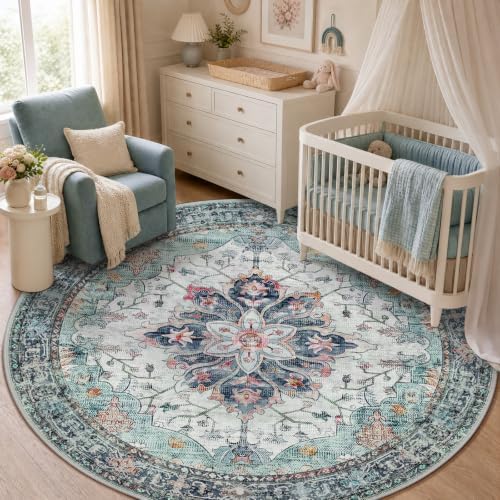 RELEANY Washable Area Rug, Round 5ft, Teal Green/White/Navy by RELEANY