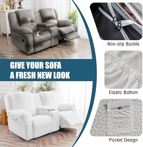 Genina Waterproof Recliner Loveseat Cover,2 Seat with Console,Ivory White - Image 5
