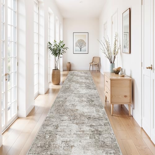 3x15 Ft Long Hallway Runner Rug - Non-Slip Washable Kitchen Runner Rug with Rubber Backing | Modern Abstract Wide Floor Carpet Runner for Indoor Entryway, Bedroom, Living Room (Beige, Grey) by ZHXXUJ