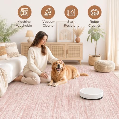 Nakagishi 10X12 Area Rugs Living Room: Washable Large Vintage Rug Neutral Non-Slip Soft Stain Resistant Indoor Carpet for Bedroom Nursery Dining Room Office Playroom - Pink - Image 3