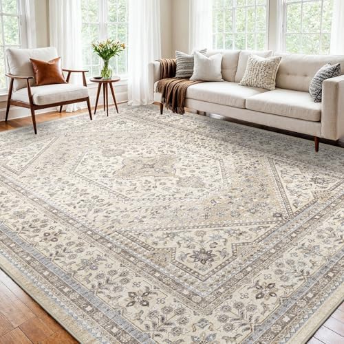 10x12 Washable Area Rug for Living Room - Non-Slip Vintage Rugs Beige Gray by Puino