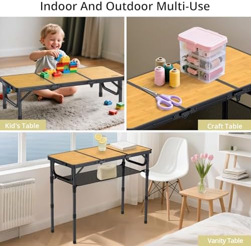 Anbte 3ft Camping Table Foldable with Storage Net and Bag, 3 Adjustable Heights High 27.5" Aluminum Camping Table Portable, for Outdoor Indoor Backyard BBQ Cooking Party Picnic Beach, Light Oak Grain - Image 6