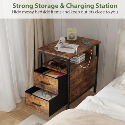 End Table with Charging Station and 2 Fabric Drawers, Vintage Brown - Image 3