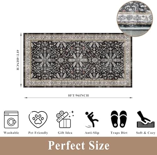 4x8 Rug Washable for Entryway Kitchen – Non-Slip Rubber Backed Area Rug for Hallway Bedroom Living Room Office,Boho Floral Low Pile Thin Floor Indoor Mat (Black,4x8) - Image 2