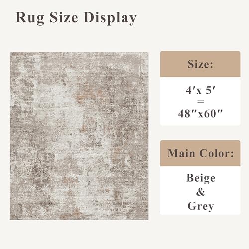 4x5 Washable Area Rugs for Entryway - Non-Slip Low-Pile Indoor Carpet with Rubber Backing for Kitchen, Bathroom,Bedroom, Living Room, Modern Abstract Neutral Soft Mat (Beige Grey) - Image 2