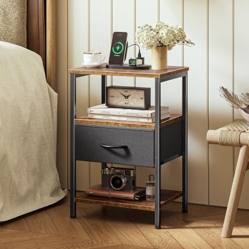 SUPERJARE Nightstand with Charging Station, Bed Side Table with Adjustable Fabric Drawer, Night Stand for Bedroom, 3-Tier Storage End Table, for Living Room, Rustic Brown and Black - Image 2