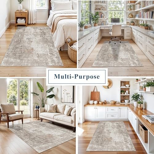 4x5 Washable Area Rugs for Entryway - Non-Slip Low-Pile Indoor Carpet with Rubber Backing for Kitchen, Bathroom,Bedroom, Living Room, Modern Abstract Neutral Soft Mat (Beige Grey) - Image 4