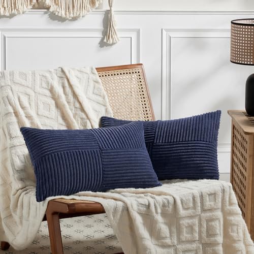 Fancy Homi 2 Packs Navy Blue Lumbar Decorative Throw Pillow Covers 16x32 Inch for Living Room Couch, Rustic Farmhouse Boho Home Decor, Soft Striped Corduroy Rectangle Accent Cushion Case 40x80 cm by Fancy+Homi