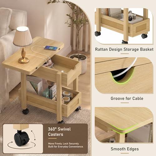 YOSHOOT Narrow End Table with Charging Station, Small Bedside Table - Image 6