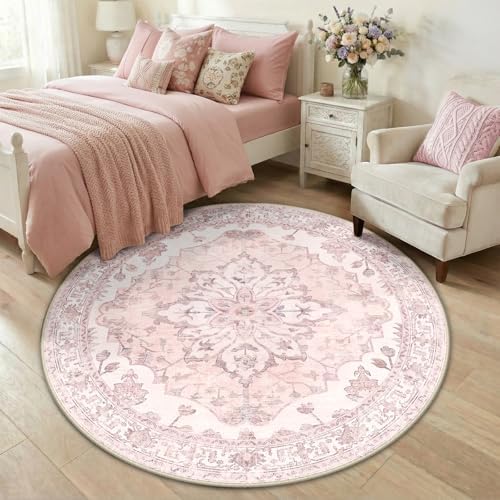 RELEANY Washable Area Rug, Round 5ft, Pink - Image 3