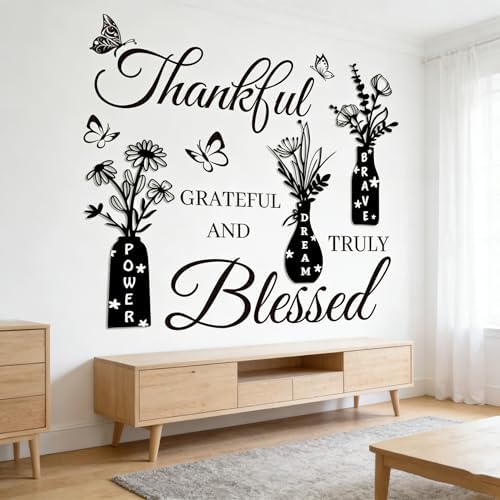 Thankful Grateful Blessed Wall Decal - Inspirational Quote with Floral Vase & Butterfly Stickers, Power Dream Brave Vinyl Wall Art for Living Room, Bedroom, Kitchen, Farmhouse Home Decor by Datesno
