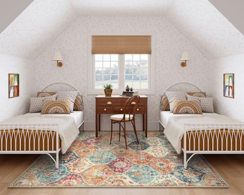 Lahome Moroccan 5x8 Area Rug, Ultra-Thin Washable Rugs for Living Room Bedroom, Soft Large Oriental Non-Slip Non Shedding Throw Large Carpet for Dining Room Office Elise, Cream/Multi - Image 4