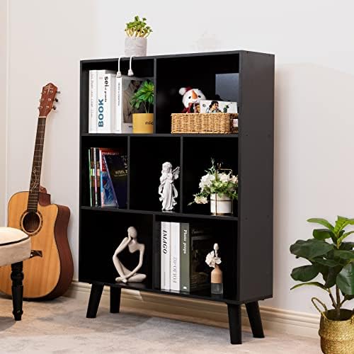 YAHARBO Black Bookshelf,3 Tier Modern Bookcase with Legs,Bookshelves Wood Storage Shelf, Open Book Shelves Cube Organizer,Freestanding Short Bookcases - Image 2
