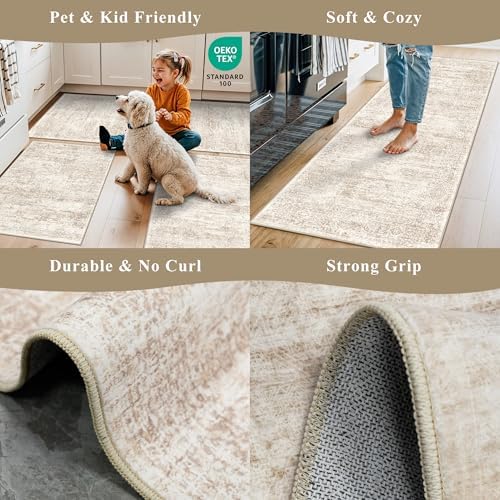 Runner Rug 2x10 Washable Non-Slip Hallway: Vintage Boho Carpet with Rubber Backing for Kitchen Entryway Hall Holiday Farmhouse Neutral Cream Long Runners (Cream/Beige,2'x10') - Image 5
