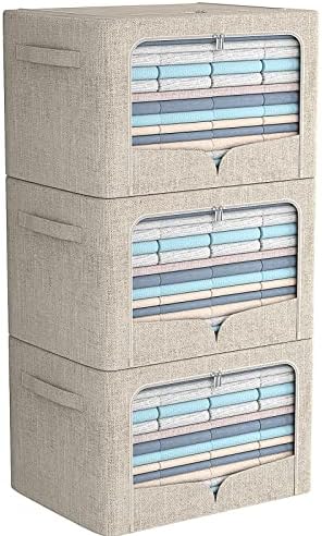 FHSQX 3 Pack Clothes Storage Bins - Foldable Metal Frame Storage Box - Stackable Linen Fabric Container Organizer Set with Carrying Handles and Clear Window (Beige, 19.7x15.7x13inch(66L)) by FHSQX