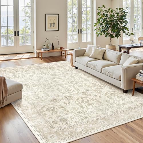Soalmost 5x7 Area Rug Low Pile Washable Trendy Faded Style Rug, Beige/Brown - Image 2