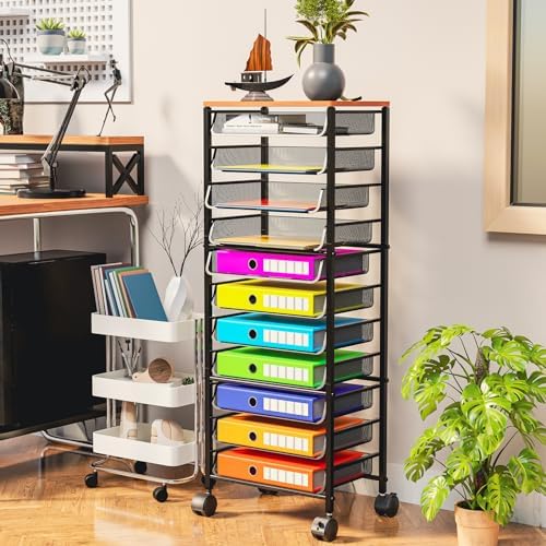 Simple Trending 12-Tier Rolling File Cart, Desk File Organizer with 11 Mesh Sliding Trays, Letter & Legal Paper Storage Rolling Utility Cart for Office Home School, Black - Image 2