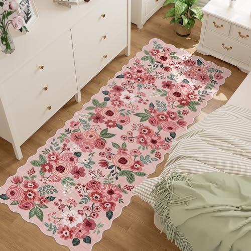 DUKINO 2x6 Runner Rug, Floral Washable Rug for Kitchen Non Slip, Pink by DUKINO