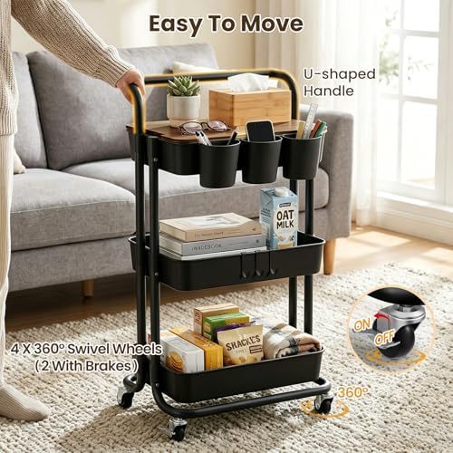 3 Tier Rolling Cart - Utility Cart with Table Top, Storage Organizer - Image 4