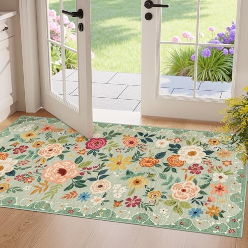 DUKINO 2x4 Entryway Rug, Floral Washable Kitchen Rugs Non Slip, Green by DUKINO