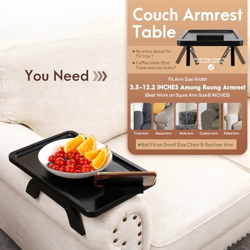 SINWANT Couch Arm Table, Bamboo Sofa Clip On Side Table Tray,Foldable Sofa Arm Tray with 360° Phone Holder for Eating Drinking Snacks Remote on Couch Armrest - Image 3