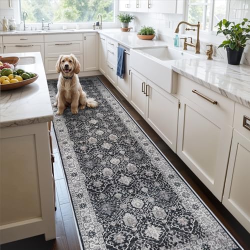 3x12 Washable Hallway Runner Rug: Oriental Long Ultra Soft Runners for Kitchen Entryway Thin Non Slip Bathroom Nursery Floor Mat Water Resistant Low Pile Carpet for Living Room Bedroom (Black,3x12) by HYHAOYUNLAI