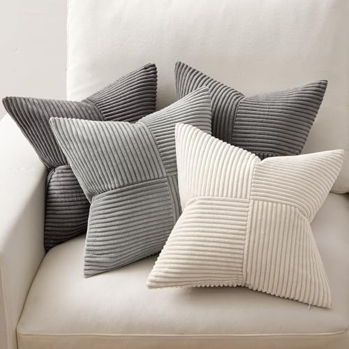 MIULEE Neutral Grey Decorative Throw Pillow Covers 18x18 Inch Set of 4 Modern Farmhouse Corduroy Cushion Cases Striped Patchwork Pillow Cases for Couch Sofa Bedroom Home Decor - Image 5