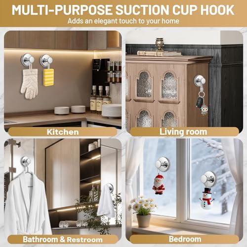 Suction Cup Hooks for Shower No-Drill Bathroom Hooks for Towels, Robes, Loofah Mountable on Bathroom Walls, Kitchen, Glass, Mirrors, Tile and Smooth,Non-Porous Surfaces (4, Chrome Polished) - Image 4