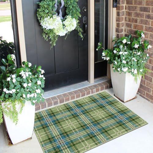 Front Door Mat Outside Entrance, 2x3 Green Teal Tartan Plaid Rug - Image 4